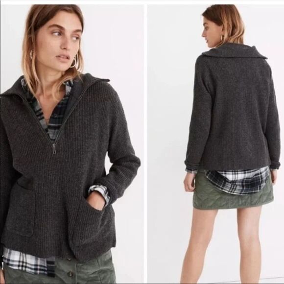 Madewell GLENBROOK HALF ZIP WOOL BLEND SWEATER IN HEATHER GRAPHITE Sz XS - Picture 2 of 8